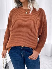 SHEIN LUNE Áo len nữ cỡ lớn tay cánh dơi dáng rộng cổ tròn, thích hợp mặc mùa thu đông. - Cà phê nâu - Xem 3