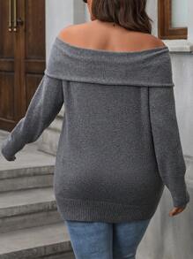 SHEIN LUNE Áo len nữ cỡ lớn màu trơn, kiểu dáng trễ vai, xếp ly, viền kim loại, tay dài, thanh lịch, thích hợp cho các bữa tiệc mùa thu/đông. - Màu xám đen - Xem 2