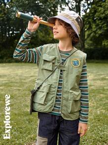 SHEIN Chaleco sin mangas informal con múltiples bolsillos a cuadros para niños preadolescentes para ocio y actividades al aire libre