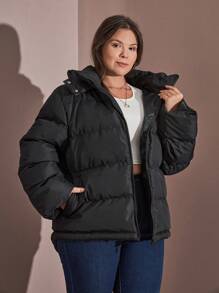 RueChic Plus Zip Up Hooded Padded Coat - Black - View 3