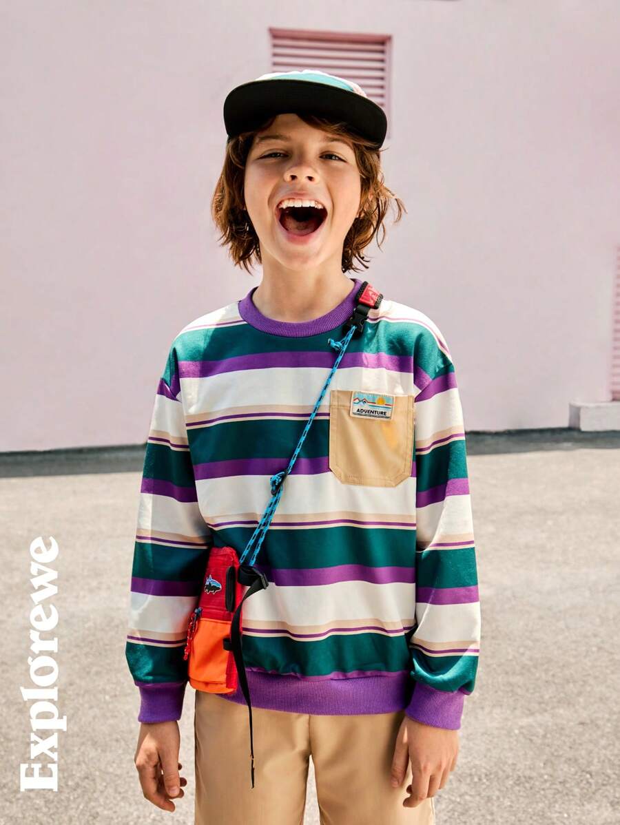 SHEIN Explorewe 青少年男孩休闲宽松条纹圆领运动衫，秋季 - 彩色 - 查看 1
