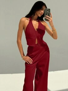 Aloruh Tiefer V-Ausschnitt rückenfrei Cami-Top und weite Hosen Anzug für Büro, Pendeln und Ausgehen, Frühling Sommer