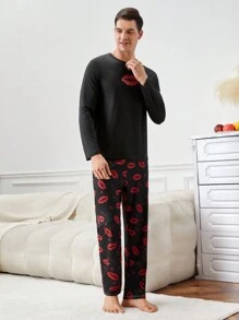 Bộ đồ ngủ tay dài cổ tròn in hình môi cho nam và quần - Nhiều màu - Xem 1