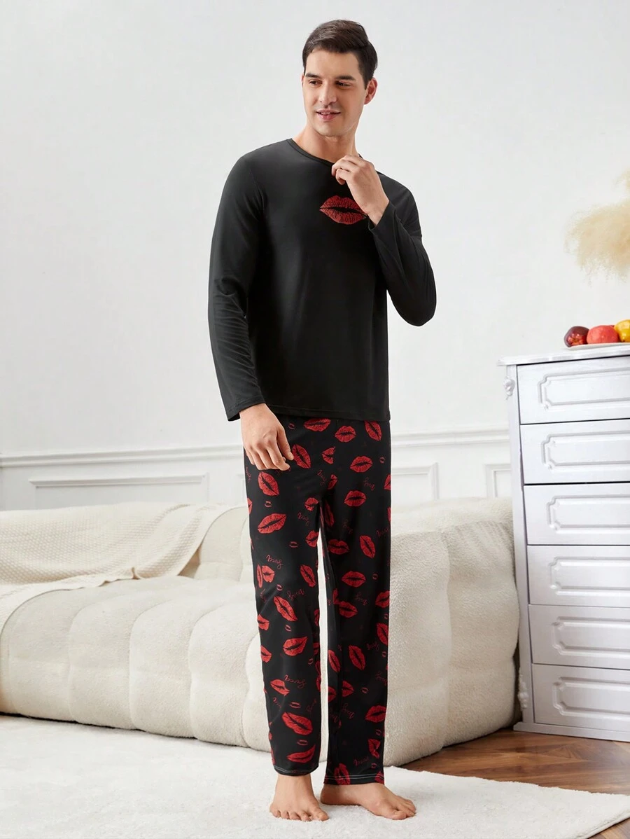 Bộ đồ ngủ tay dài cổ tròn in hình môi cho nam và quần - Nhiều màu - Xem 1