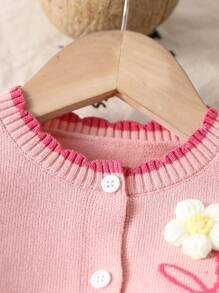 SHEIN Vintaside Kids Baby Girl Handmade Floral Knitted Sweater Set, Autumn & Winter - Baby Pink - View 4