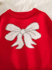 SHEIN 2 件套女婴蝴蝶结针织毛衣和裤子套装，秋冬季特殊纹理弹性舒适拼色服装，适合万圣节、圣诞节、返校、时尚休闲多种颜色，粉色甜美休闲装，适合居家、日常、派对 - 紅色 - 查看 4