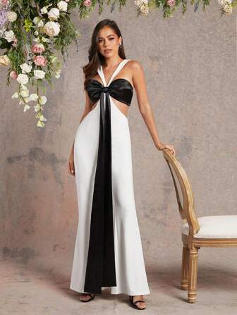 L'Amorae 女式秋季黑色性感白色撞色拼接蝴蝶结镂空吊带喇叭裤连体裤，性感连体裤，正式连体裤。适合约会之夜、音乐会、演出、音乐节、派对