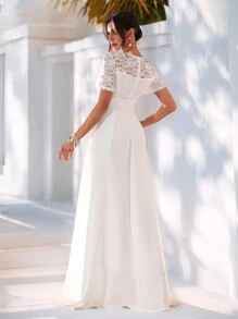 SHEIN Belle Vestido floral de manga corta con encaje en el escote en V, vestido de novia - Blanco - Ver 2