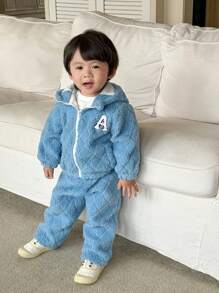 SHEIN 2 件装男婴休闲保暖纯色羊毛连帽衫和裤子套装，冬季 - 藍色 - 查看 6