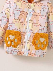 SHEIN Baby Boy Front Zipper Long Sleeve Allover Bear Print Fuzzy Pocket Hoodie, Casual Everyday Wear