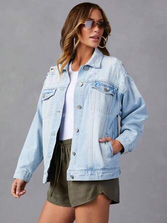 Women's Distressed Denim Casual Drop Shoulder Long Sleeve Jacket, Spring Autumn
