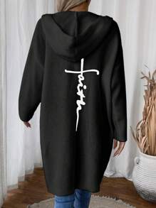 SHEIN LUNE 中长款纯色针织连帽开衫，休闲日常穿着，秋冬季 - 黑色 - 查看 2