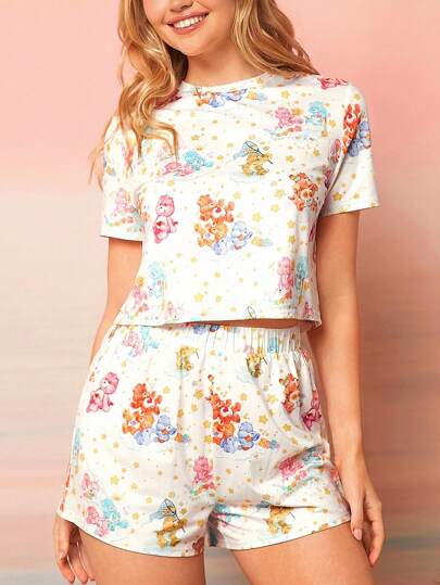 SHEIN X Care Bears Casual And Cute Cartoon Star Print Short Sleeve T-Shirt And Shorts Women Pajama Set For Summer,Tenderheart Bear,Cheer Bear,Funshine Bear,Friend Bear,Love-A-Lot Bear,Wish Bear,Bedtime Bear