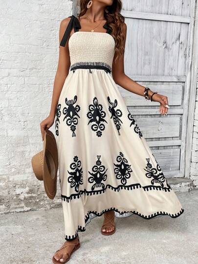Breezaya 女士度假风格印花肩带和拼色肩带连衣裙超长度假海滩装
