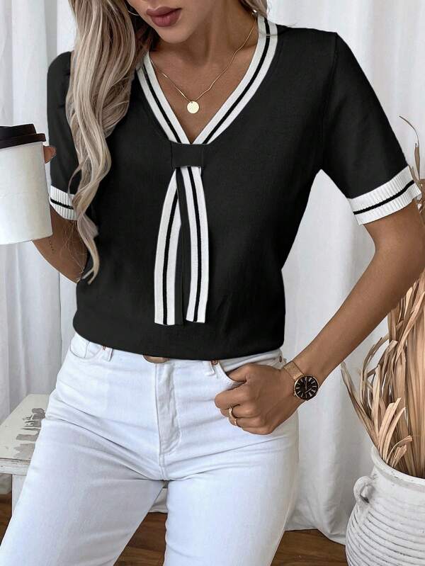 EMERY ROSE Women's Casual Colorblock Striped Short Sleeve Knit Top