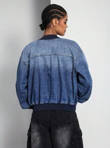 SHEIN ICON Women's Contrast Color Pockets Denim Jacket, Long Sleeve Fall - Dark Wash - View 4