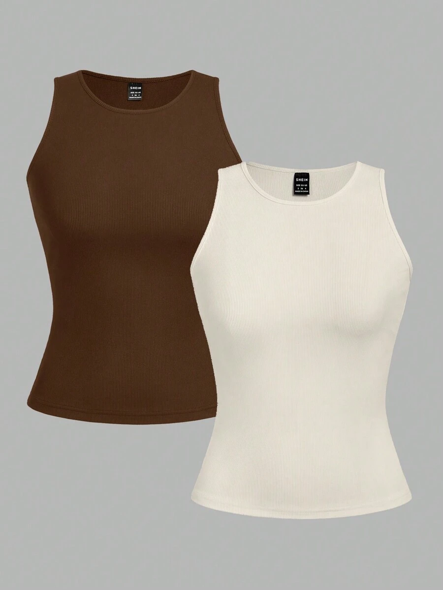 Comfortcana 2pcs/Set Plus Size Women Solid Color Round Neck Camisole - Multicolor - View 1