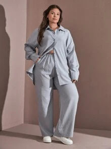 RueChic Plus Shirt & Wide Leg Pants Set - Baby Blue - View 5