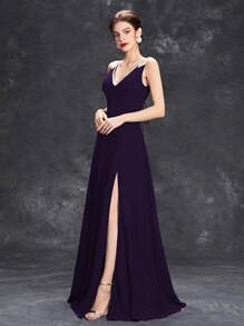 V-Ausschnitt Kleid mit Pailletten-Besatz und A-Linie aus Chiffon - Violett - Übersicht 4