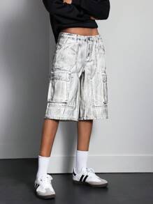 SHEIN ICON Pantalones cortos vaqueros desteñidos y sencillos de uso casual para mujeres