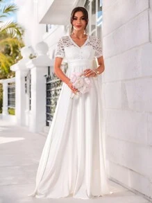 SHEIN Belle Vestido floral de manga corta con encaje en el escote en V, vestido de novia - Blanco - Ver 1