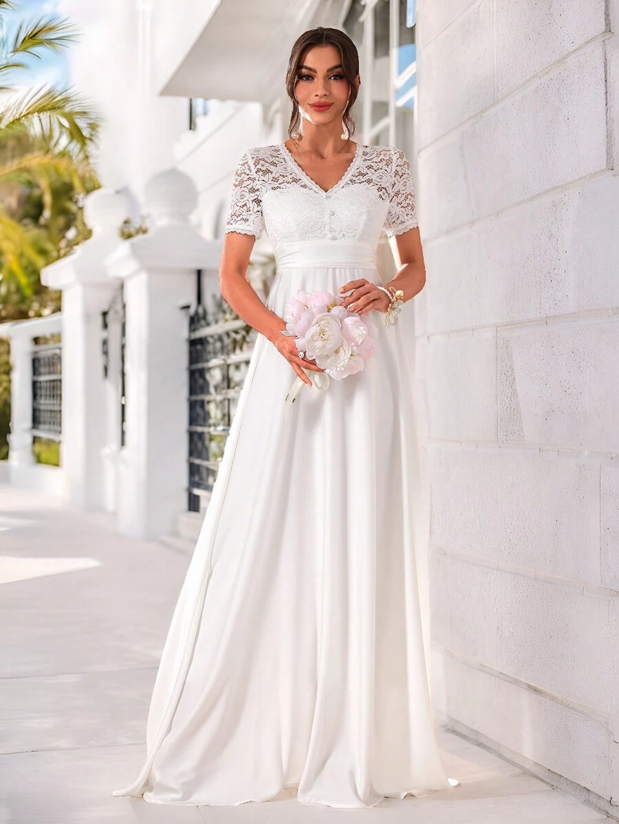 SHEIN Belle Vestido floral de manga corta con encaje en el escote en V, vestido de novia - Blanco - Ver 1