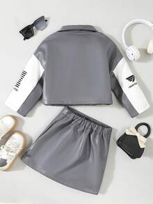 SHEIN 2 件套年轻女孩 PU 皮革灰色和白色手印翻领纽扣前短款夹克 + 手印黑色细节裙子，秋冬 - 深灰色 - 查看 2