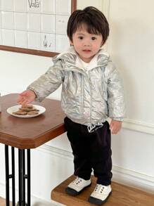 SHEIN Áo khoác có mũ lót nhiệt họa tiết ngôi sao ba chiều thường ngày cho bé trai, áo khoác ngoài ấm áp cho mùa thu và đông - Bạc - Xem 5