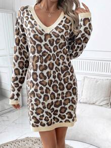 SHEIN Clasi Women Leopard Print Long Sleeve Sweater Dress - Camel - View 5