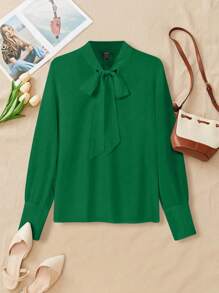 EMERY ROSE Blusa suelta y cómoda de manga larga con puños con lazo para mujeres