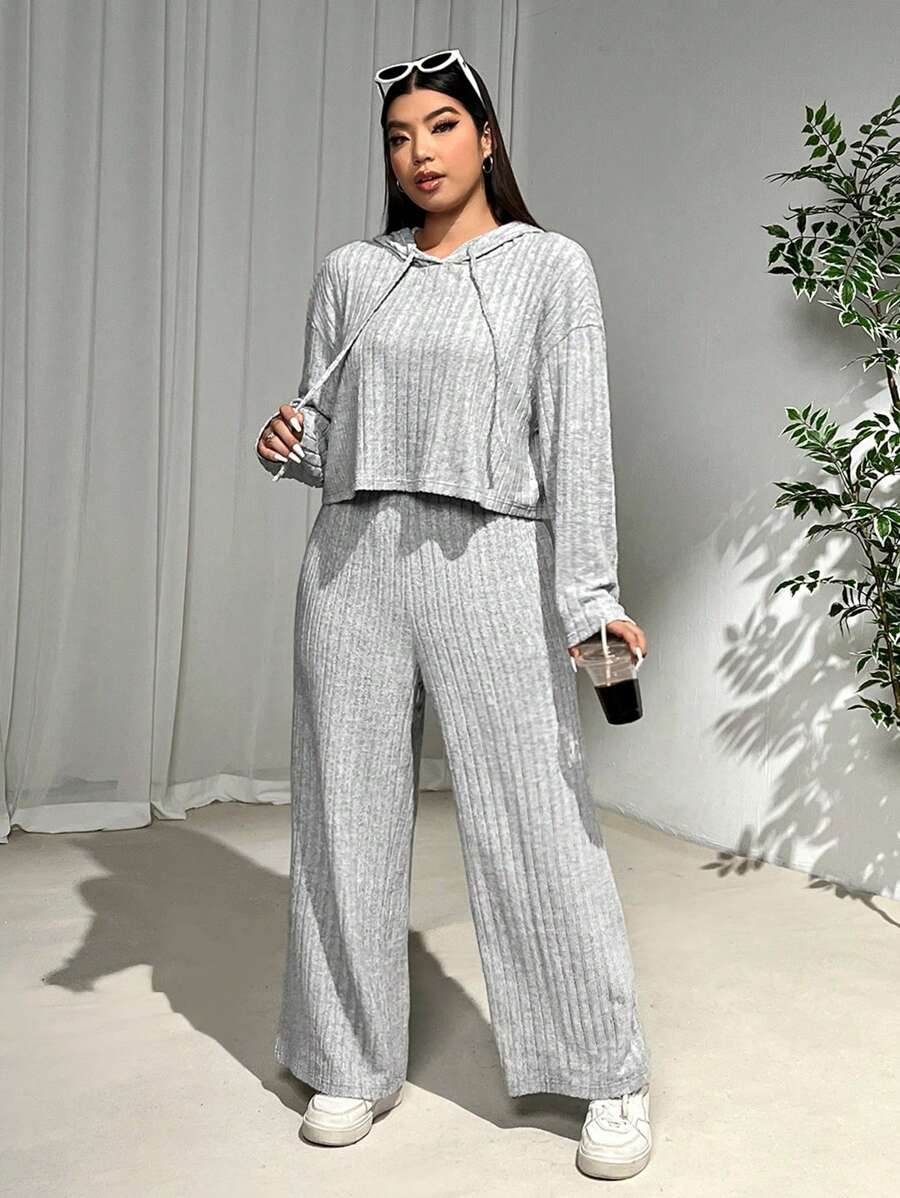 SHEIN EZwear 2 件大码女士休闲灰色运动服套装，秋冬 - 灰色 - 查看 1