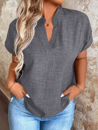 EMERY ROSE Plus Size Summer Casual Solid Notch Neck Batwing Sleeve Shirt