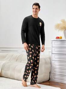 男士爆米花印花圆领长袖上衣和裤子睡衣套装，秋冬服装 - 彩色 - 查看 4