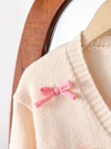 SHEIN 女童休闲卡其色针织开衫，带可爱蝴蝶结装饰，柔软舒适，适合日常穿着、上学、郊游、聚会，适合秋冬季 - 杏色 - 查看 5