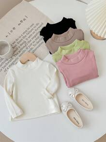 SHEIN LMoss Kids LMoss Baby Mädchen Mehrpack schwarze gerippte Rollkragen Unterziehshirts für Baby Mädchen, Herbst/Winter, einfach und vielseitig - Schwarz - Übersicht 3