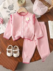 SHEIN Vintaside Kids Baby Girl Handmade Floral Knitted Sweater Set, Autumn & Winter - Baby Pink - View 1