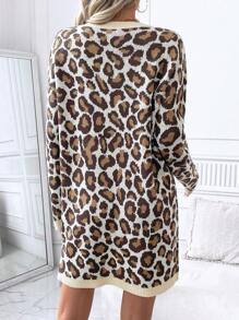 SHEIN Clasi Women Leopard Print Long Sleeve Sweater Dress - Camel - View 2