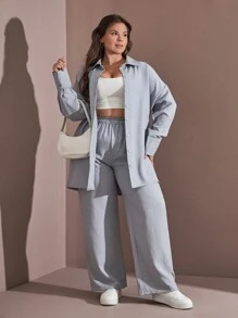 RueChic Plus Shirt & Wide Leg Pants Set - Baby Blue - View 1