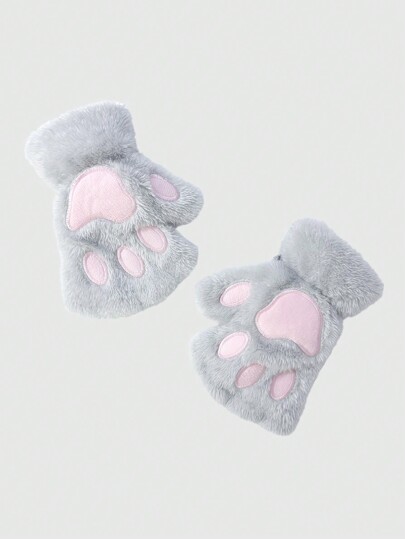 Kawaii 1 Pair Plush Cat Claw Fingerless Gloves, Warm Winter Gloves For Writing And Office Use
