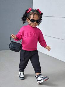 SHEIN NovaGlow Baby Girl Mommy And Me Matching Outfits: 1pc Cute Letter Embossed Pattern Knitted Fuchsia Long Sleeve Sweatshirt For Baby Girl, Casual And For Outdoor Wear (2 Pieces Sold Separately),In Fall/Winter - Hot Pink - View 6