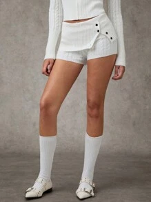 SHEIN BAE Pantalon court en maille à couleur unie avec pli à la taille et décoration de boutons, chandail décontracté pour femmes, blanc, pantalon pour femmes en hiver, tenues d'automne pour femmes, chandails d'automne, vêtements d'automne pour femmes - Blanc - Voir 2