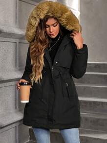 Aveloria Women's Solid Color Drawstring Waist Fluffy Hooded Casual Padded Padded Coat, Winter Clothes 