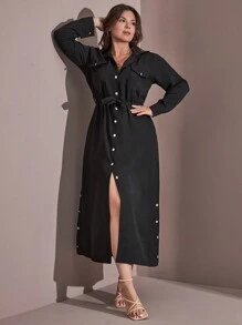 RueChic 女式加大翻领前扣和边缘系带黑色连衣裙