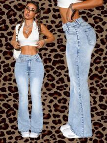 SHEIN ICON Japanese-Style Button Washed Flare Jeans ,Boot Cut Jeans - Light Wash - View 1