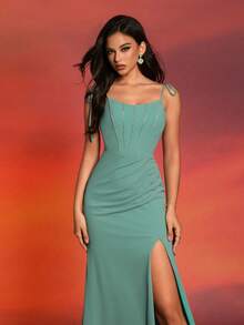 New Luxury Fashion Lady's Slim Fit Solid Color Spaghetti Strap High Slit Fish Tail Evening Dress - Mint Green - View 6