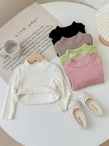 SHEIN LMoss Kids LMoss Baby Mädchen Mehrpack schwarze gerippte Rollkragen Unterziehshirts für Baby Mädchen, Herbst/Winter, einfach und vielseitig - Schwarz - Übersicht 6