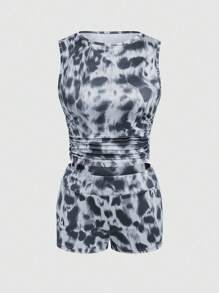 INAWLY 2pcs Women Leopard Print Sleeveless Top And Shorts Set
