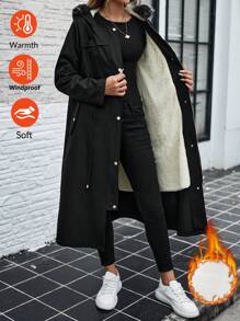 SHEIN LUNE Long Fleece Hooded Black Regular Jacket Warm Hooded Coat In Fall/Winter