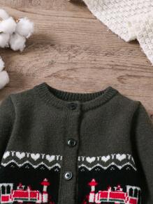 2 件套男婴针织毛衣和裤子套装，卡其色。毛衣采用卡通汽车图案，设计独特、可爱。柔软舒适的圆点面料裤子对婴儿的皮肤温和。柔软、温暖的材料非常适合家庭聚会、郊游、与父母共度美好时光以及节日活动。 - 深灰色 - 查看 3