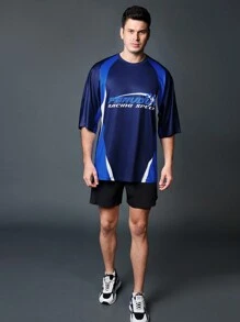 Coreblaze Boyfriend Style Men's Color Block Numeric Print Crew Neck Short Sleeve Sporty T-Shirt - Blue - View 4